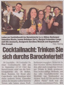 Presseartikel zur ersten Cocktail-Night, die von Geschäften des Dresdner Barockviertels organisiert und durchgeführt wurde.