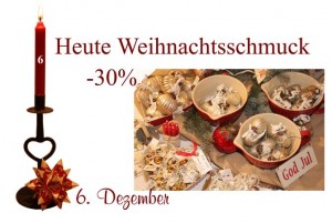 Jeglicher Weihnachtsschmuck (Christbaumkugeln, Anhänger, Sterne, Kerzen usw.) von Ib-Laursen und Lisbeth Dahl sind am 6. Dezember 2011 um 30% reduziert.