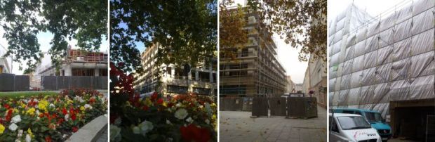 Blumige Aussichten auf den Baufortschritt auf der Baustelle Hauptstraße Ecke Obergraben im August, Oktober, November und Dezember 2011.