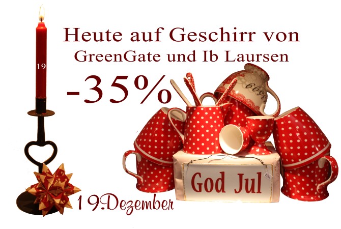 Die 19. Tür des Julekalenders offeriert einen 35%igen Rabatt auf alles Geschirr von Greengate und Ib-Laursen.