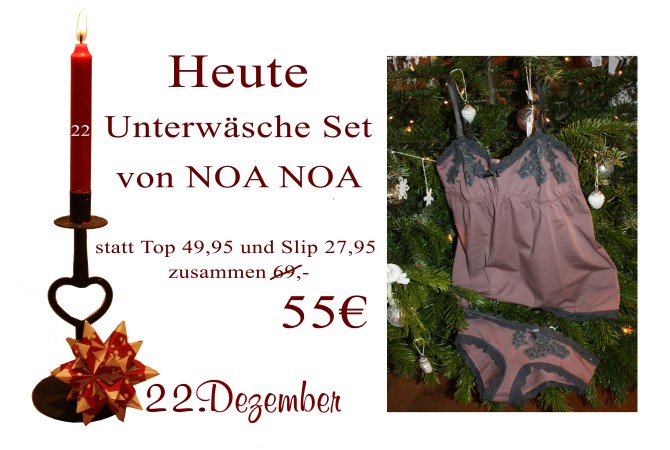 Am Samstag den 22.12.2012 gibt es das Noa-Noa Top (49,95€) sowie den Noa-Noa Slip (27,95€) zusammen für nur 55€.