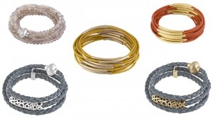 Links oben: Snake Grey Agate Rhodium (x655) Länge 54cm; Mitte: Urban Gipsy bracelet yellow worn gold (v502) aus Leder; Rechts oben: Urban Gipsy bracelet dark orange worn gold (x888) aus Leder; Unten links: Champagne bracelet worn Rhodium (v094) aus Leder; Rechts unten: Champagne bracelet worn gold (v095) aus Leder