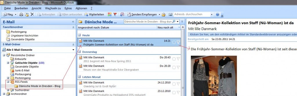 Die Einbindung in Microsoft Outlook 2007 erfolgt wie folgt: Rechtsklick auf den Ordner "RSS-Feeds" > "Neuen RSS-Feed hinzufügen..." > Adresse des RSS-Feeds (URL) eingeben und mit "Hinzufügen" bestätigen > Die Frage, ob der RSS-Feed Outlook hinzugefügt werden soll mit "Ja" bestätigen > Fertig!