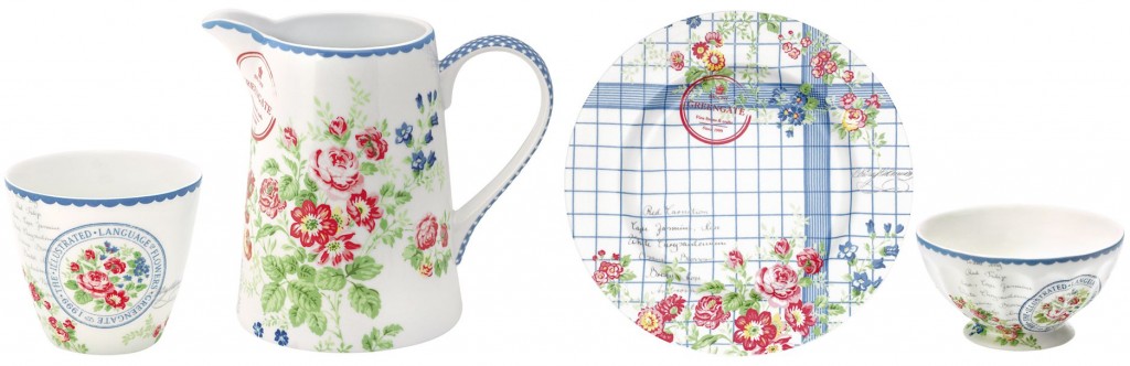 Becher, Kanne, Teller und Schüssel vom Greengate-Design "Rosie-White".