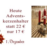 Am Samstag den 1. Dezember 2012 gibt es den Advents-Kerzenhalter (Eisengestell mit Glasscheiben - 0890-25) von Ib-Laursen, vier roten Kerzen sowie die passenden Anhängeschildchen (für jeden Advent eins) auch von Ib-Laursen (4307-11) sowie Zapfen für nur 17€ statt 22€.