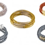 Links oben: Snake Grey Agate Rhodium (x655) Länge 54cm; Mitte: Urban Gipsy bracelet yellow worn gold (v502) aus Leder; Rechts oben: Urban Gipsy bracelet dark orange worn gold (x888) aus Leder; Unten links: Champagne bracelet worn Rhodium (v094) aus Leder; Rechts unten: Champagne bracelet worn gold (v095) aus Leder